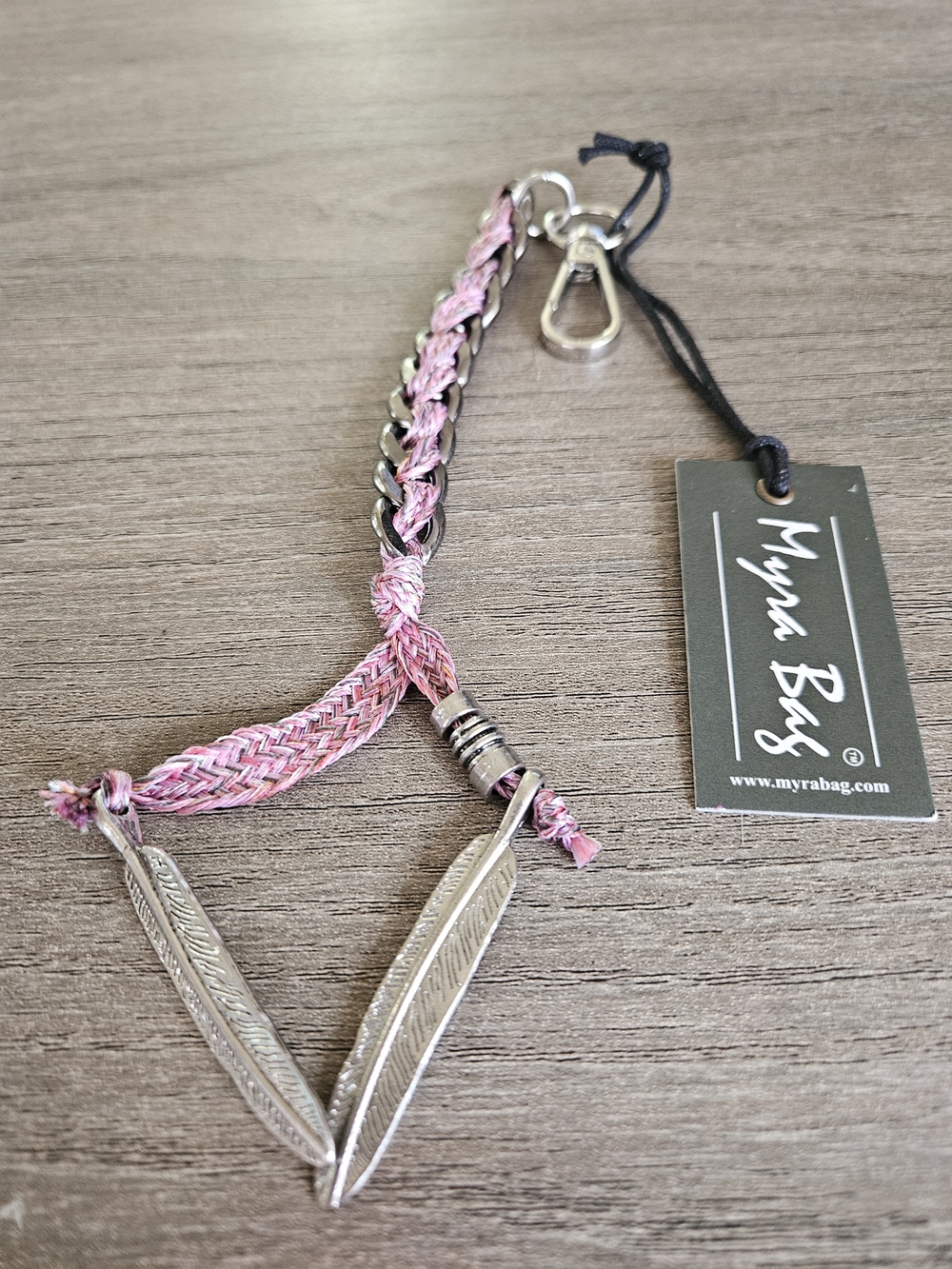 Myra Bag Pink Braided Feather Charm Key Holder-NWT